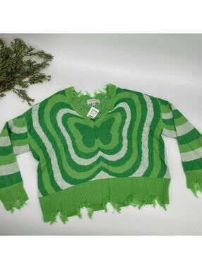 NWT No Comment Green Psychedelic Butterfly Distressed Crop Sweater Size M